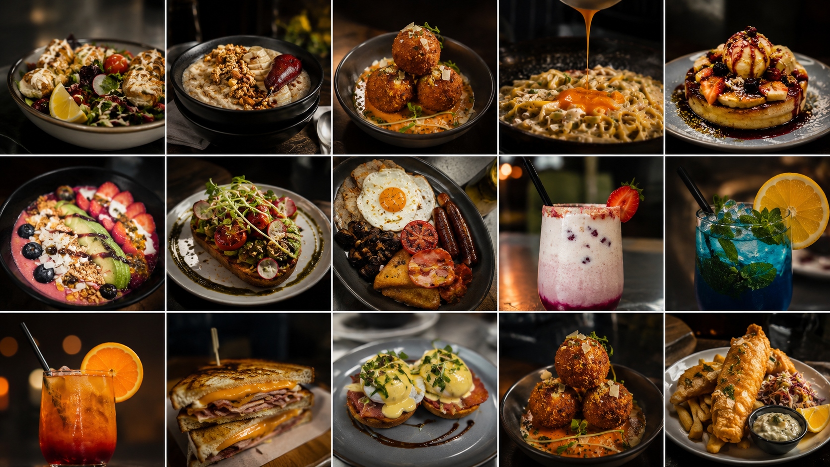 Social Spoon full menu collage — dishes, drinks and sweet treats
