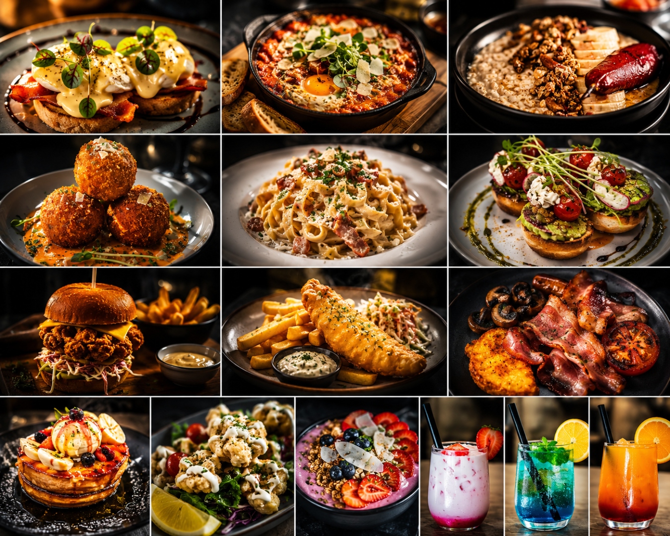 Social Spoon food collage — burgers, pasta, eggs benedict, smoothies and mocktails