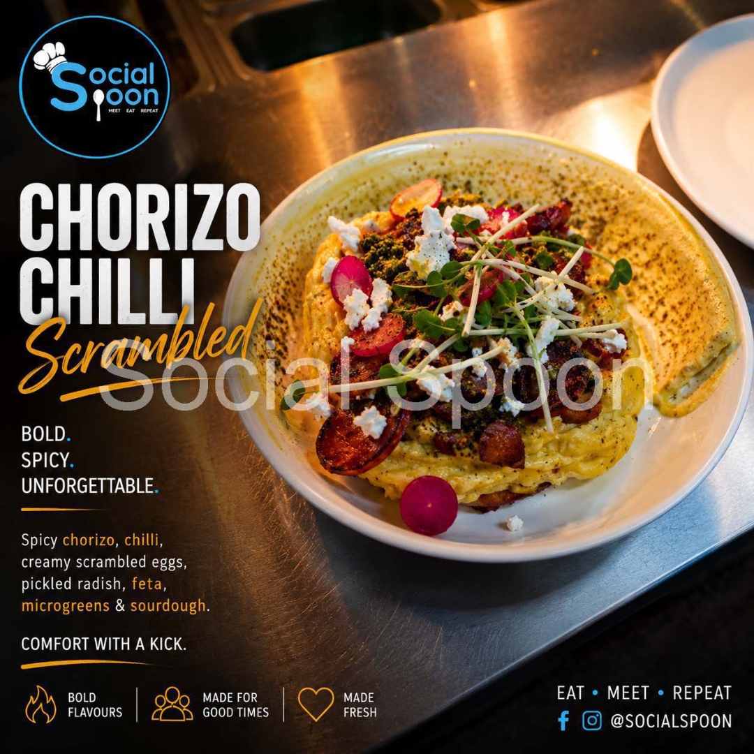 Chorizo chilli scrambled eggs with feta and microgreens