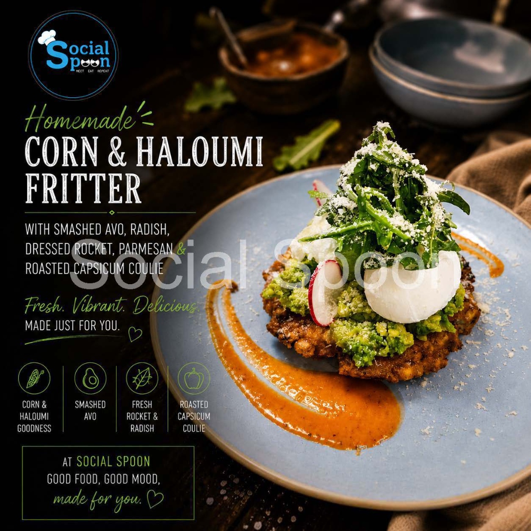 Corn and haloumi fritter with smashed avo and roasted capsicum coulis