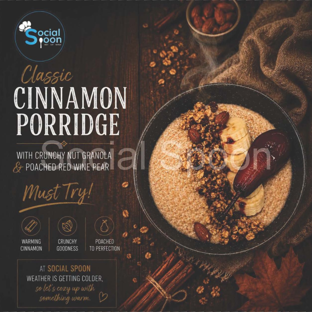 Cinnamon porridge with crunchy nut granola and poached red wine pear