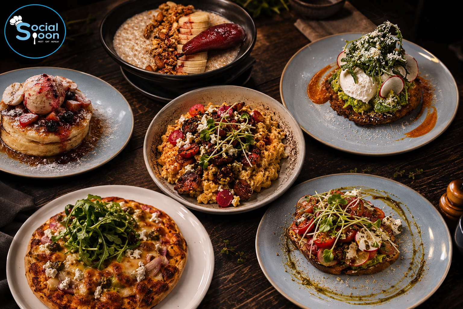 Six Social Spoon signature dishes including scrambled eggs, fritters and flatbread